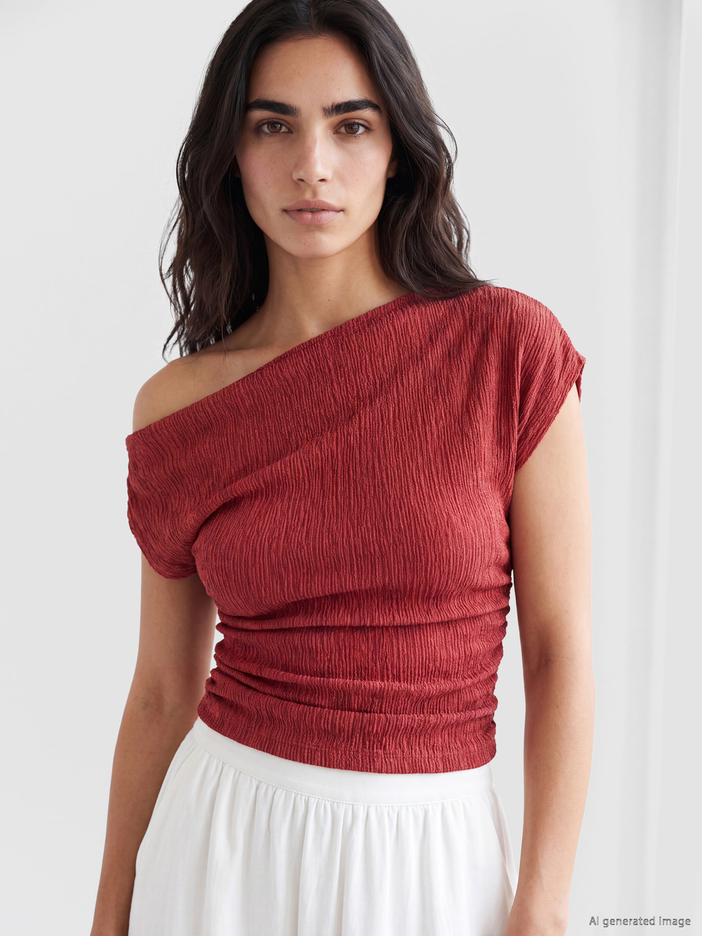 Slash Neck Textured Crop Ruched Blouse