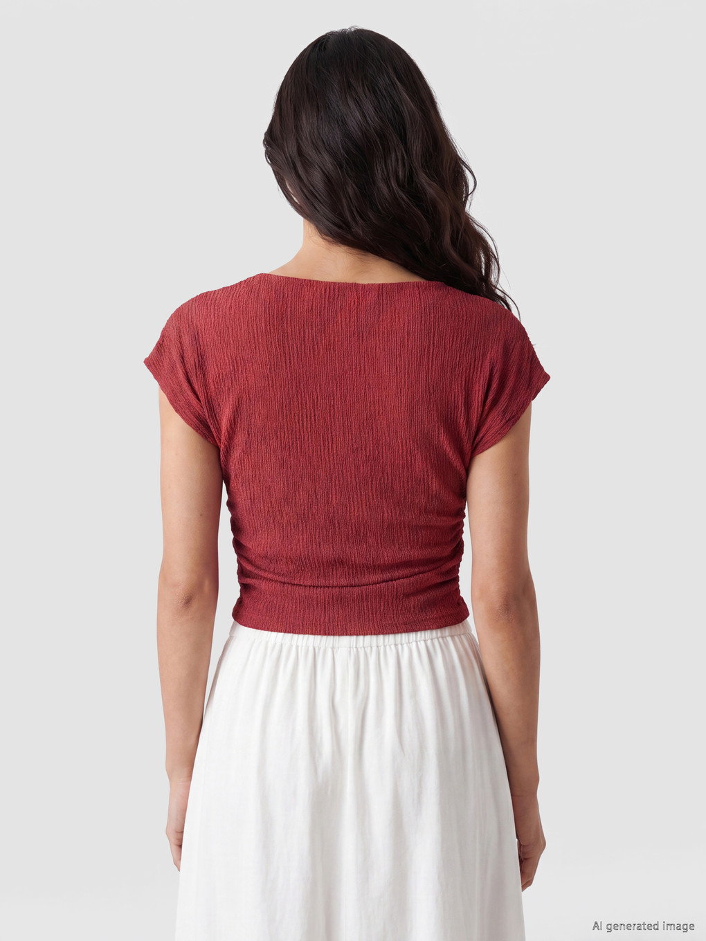 Slash Neck Textured Crop Ruched Blouse-3
