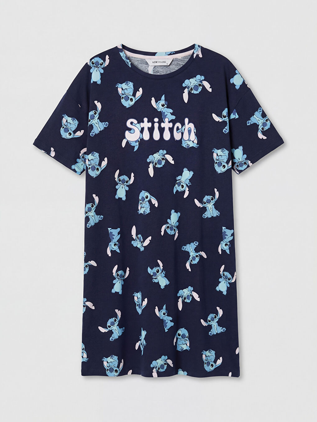 Lacivert Bisiklet Yaka Stitch Baskılı Kadın Gecelik