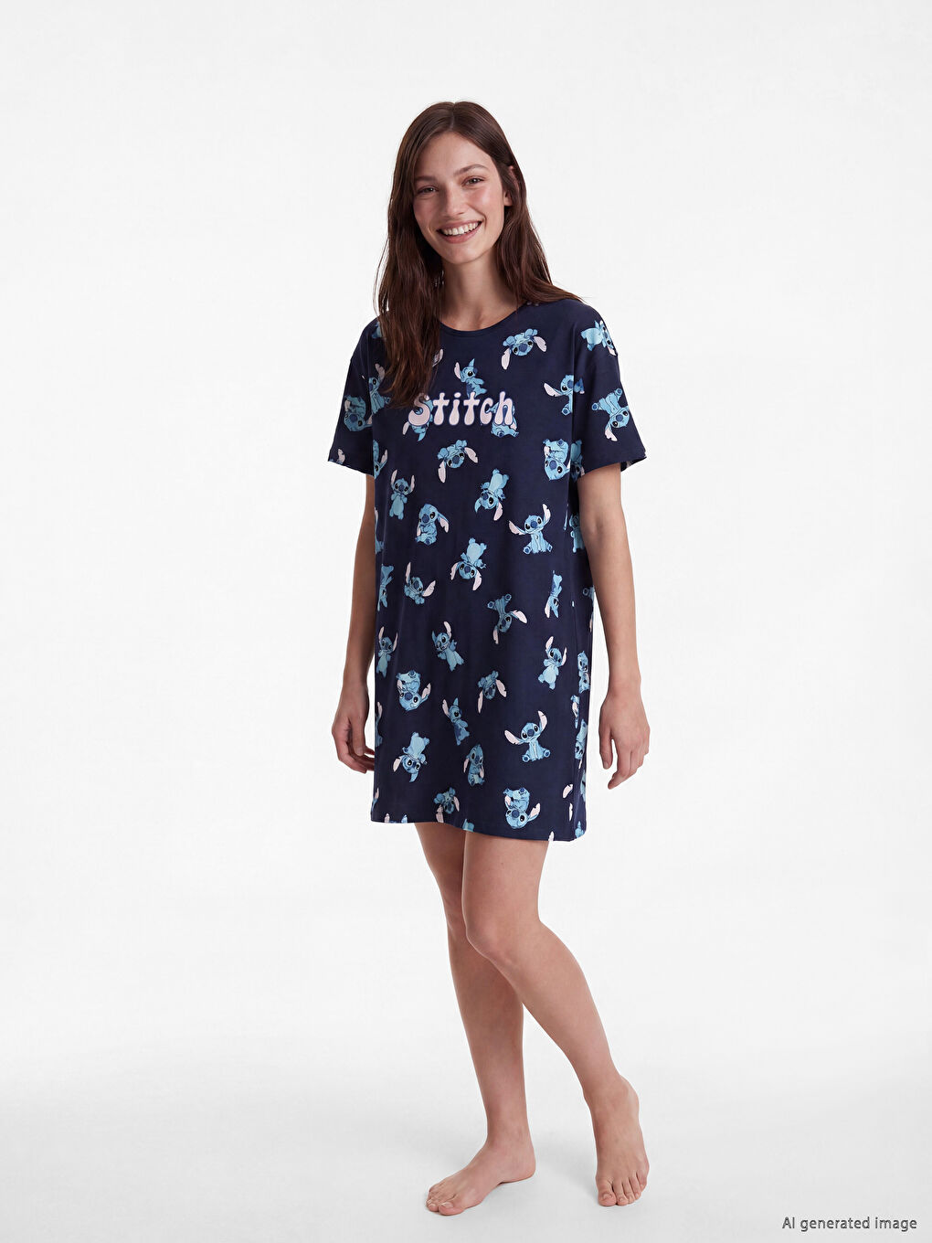 Нощница с кръгло деколте с щампа Стич за жени