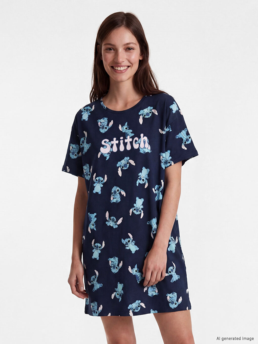 Нощница с кръгло деколте с щампа Стич за жени-1