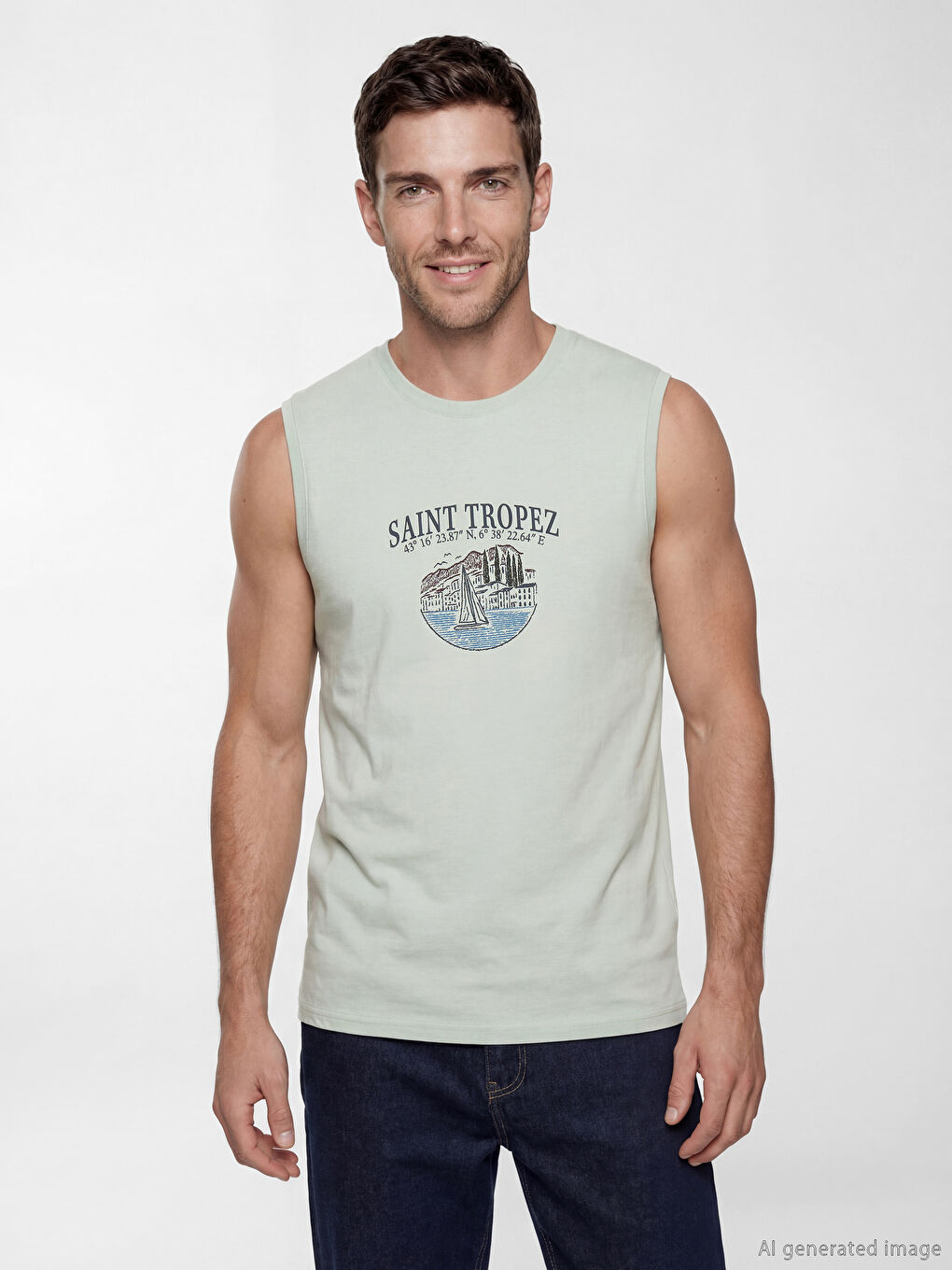 Yeşil Saint Tropez Baskılı Erkek Kolsuz Tişört