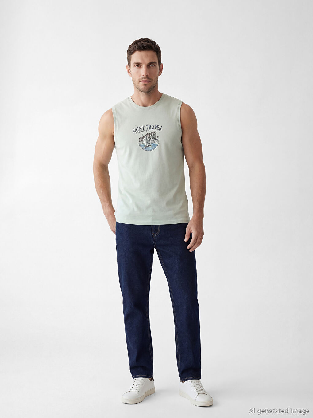 Yeşil Saint Tropez Baskılı Erkek Kolsuz Tişört-1