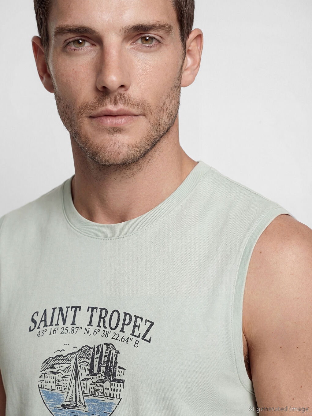 Yeşil Saint Tropez Baskılı Erkek Kolsuz Tişört-2
