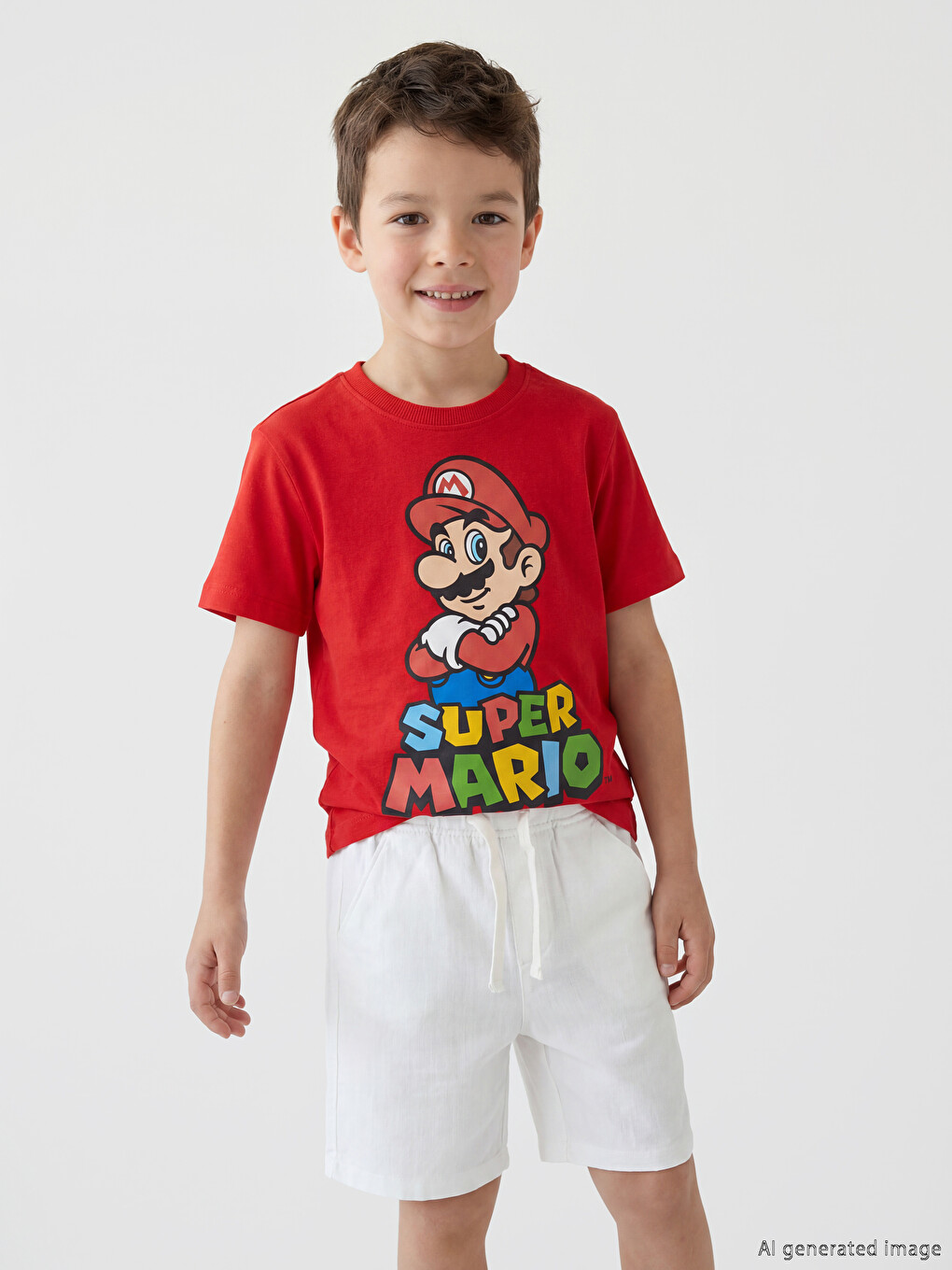 Kırmızı Bisiklet Yaka Super Mario Baskılı Erkek Çocuk Tişört