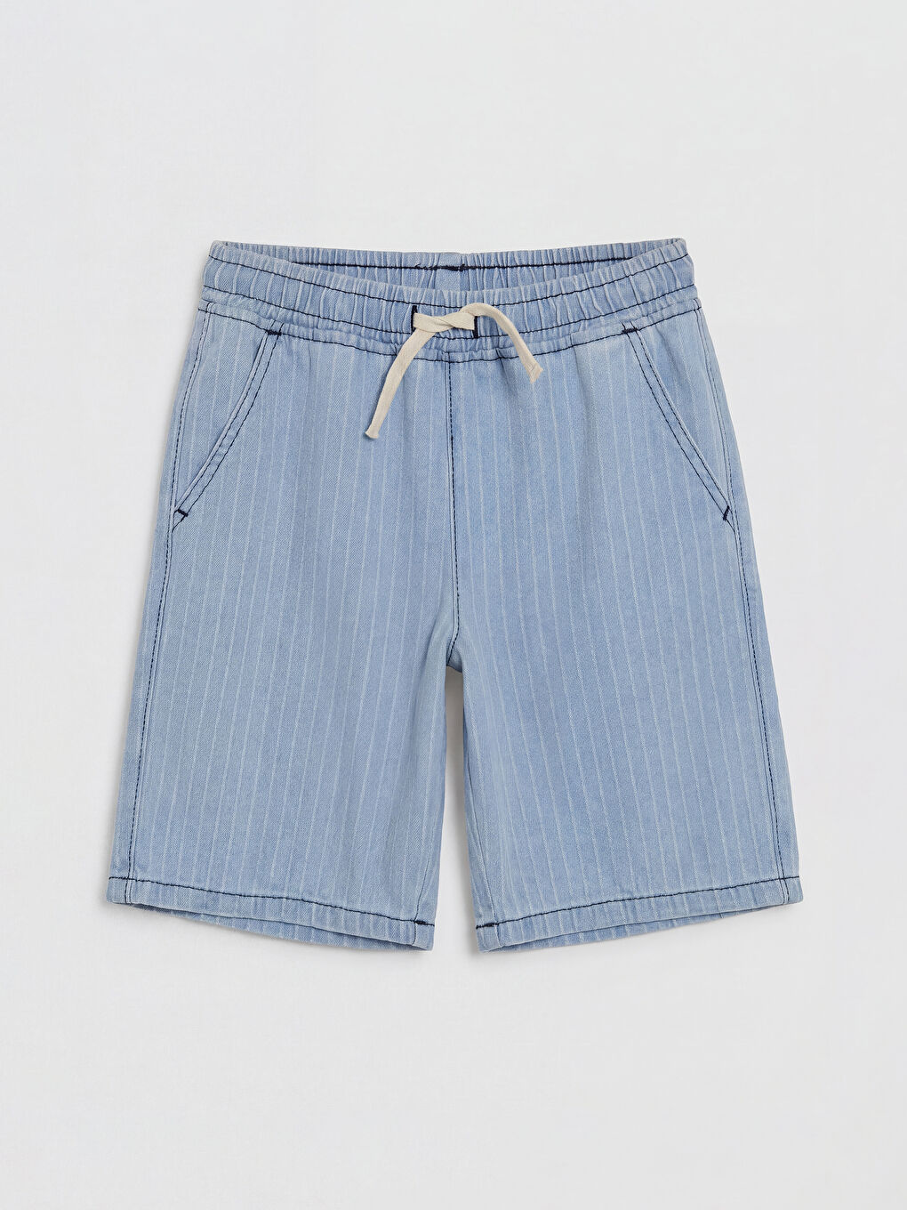 İndigo Beli Lastikli Çizgili Erkek Çocuk Jean Şort