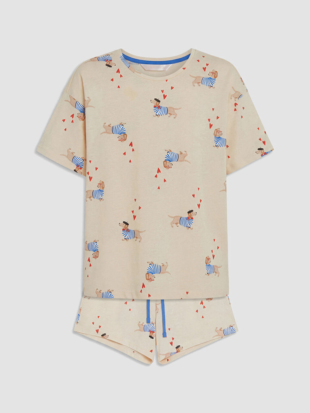 Bej Köpek Baskılı Kadın Şortlu Pijama Takımı