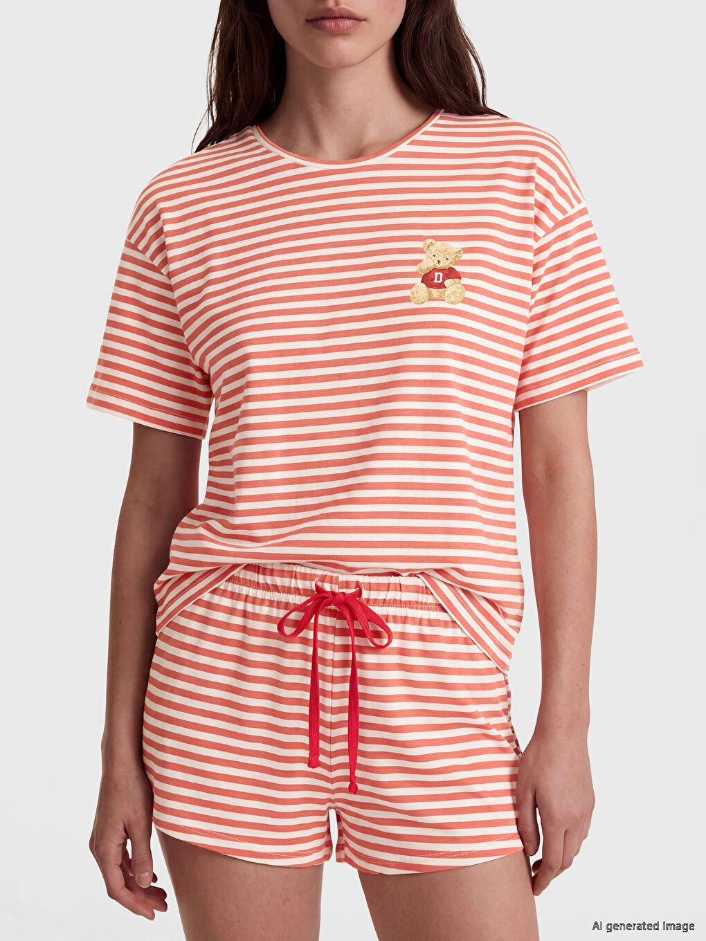 Kırmızı Çizgili Kadın Şortlu Pijama Takımı-2
