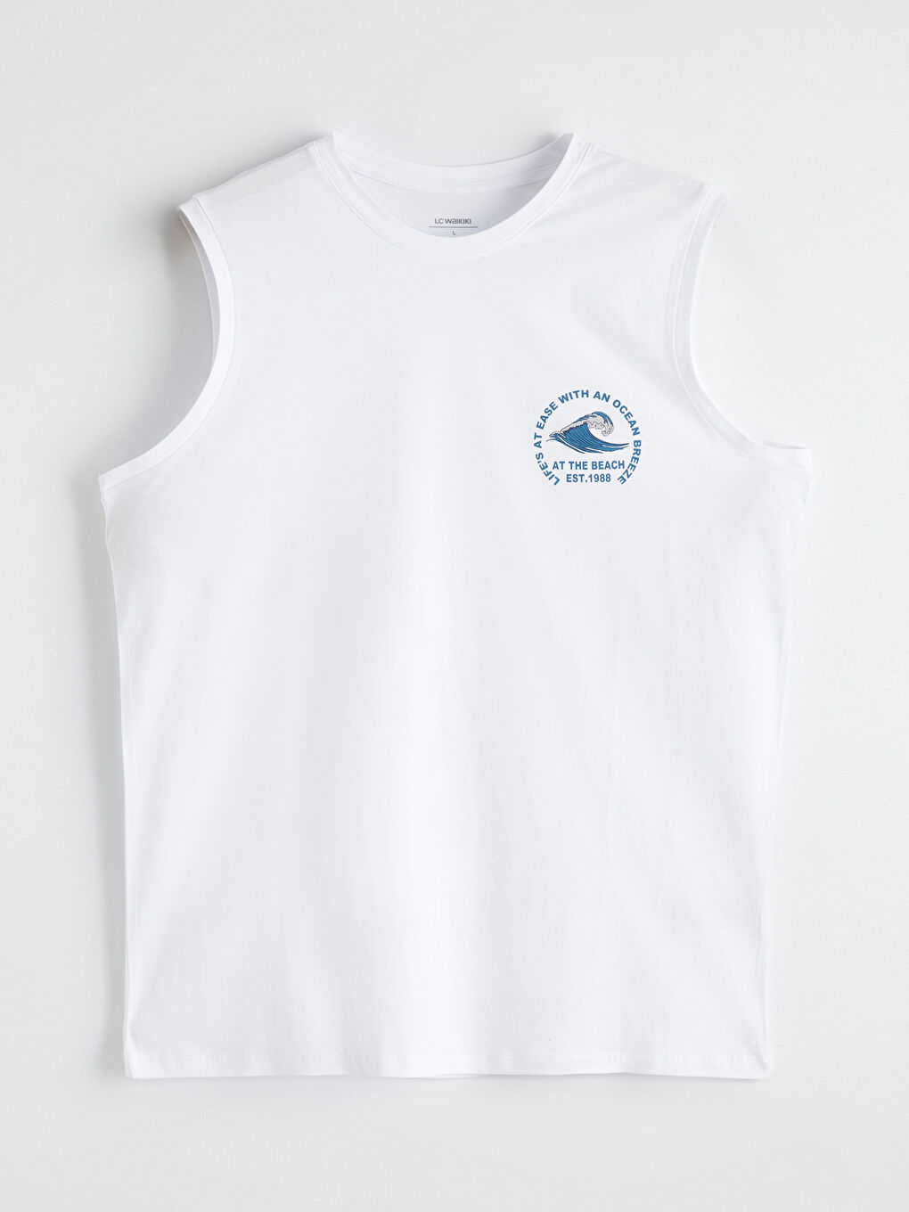 Beyaz Bisiklet Yaka Baskılı Erkek Kolsuz Tişört-4