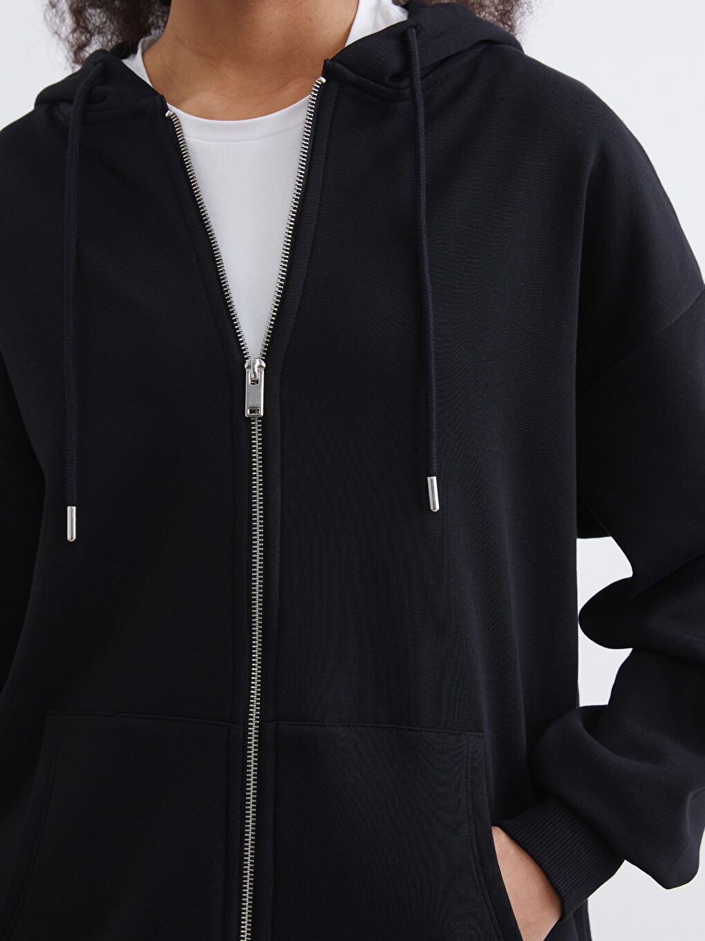 Siyah Kapüşonlu Kadın Kalın Fermuarlı Sweatshirt	-2