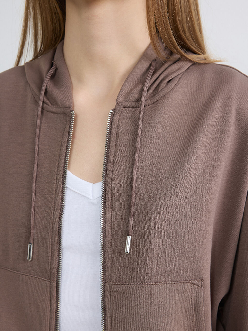Kahverengi Kapüşonlu Soft Touch Kadın Fermuarlı Sweatshirt-2