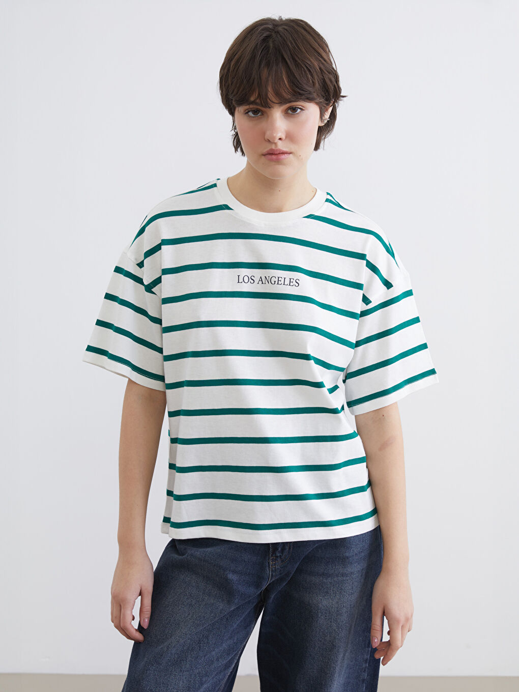 Yeşil Los Angeles Baskılı Oversize Kadın Tişört