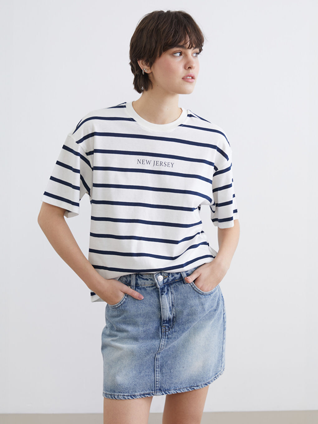 Lacivert New Jersey Baskılı Oversize Kadın Tişört