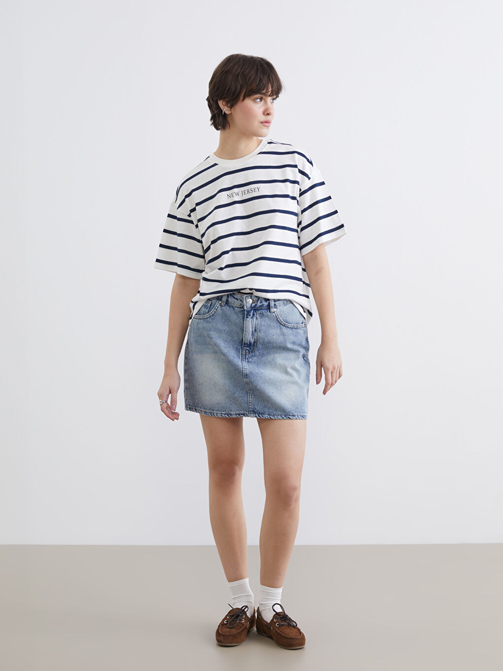 Lacivert New Jersey Baskılı Oversize Kadın Tişört-1