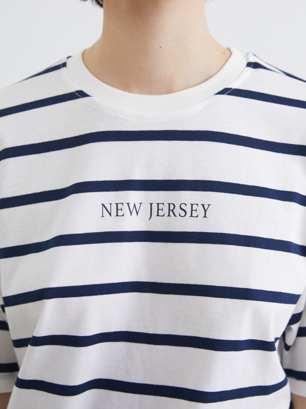 Lacivert New Jersey Baskılı Oversize Kadın Tişört-2