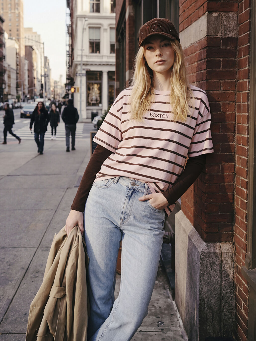 Pembe Boston Baskılı Oversize Kadın Tişört