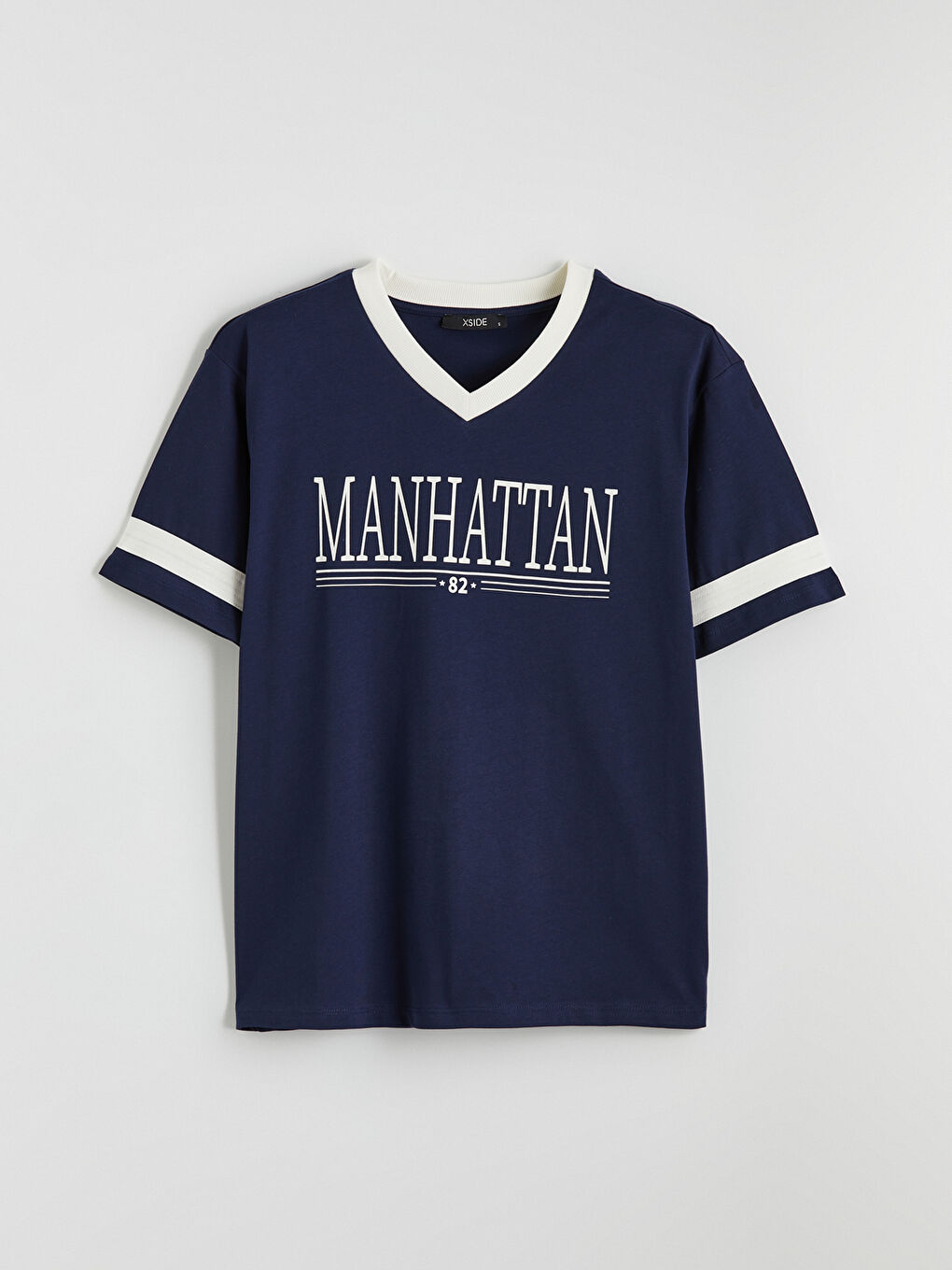 Lacivert V Yaka Manhattan Baskılı Oversize Kadın Tişört