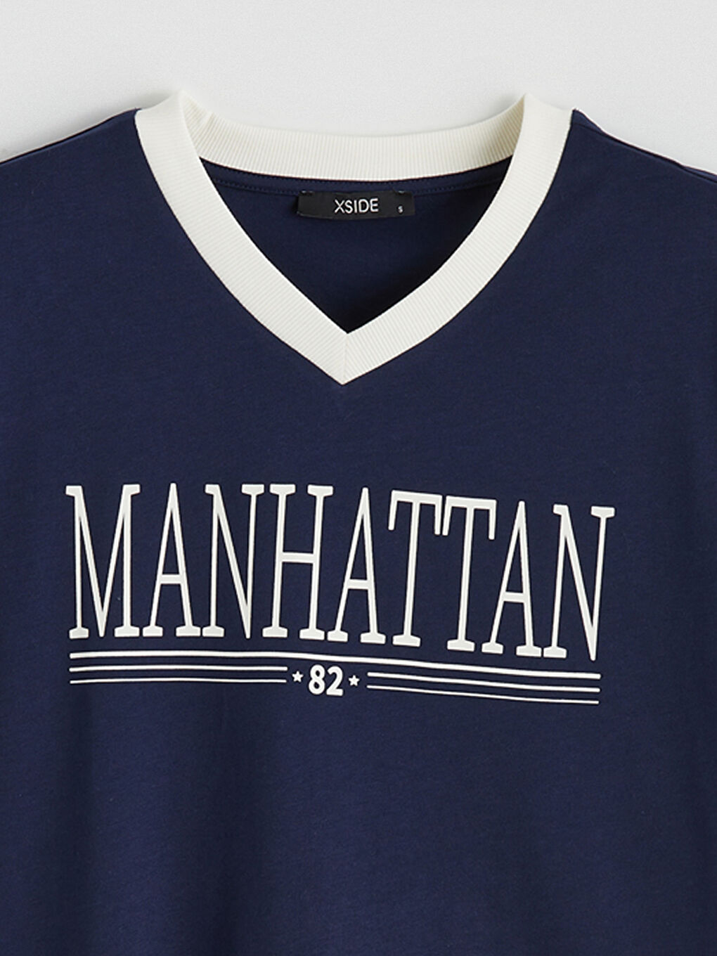 Lacivert V Yaka Manhattan Baskılı Oversize Kadın Tişört-1