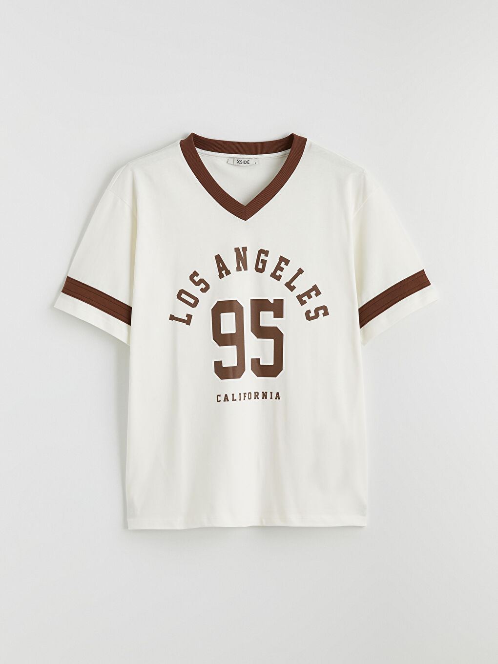 Bej V Yaka Los Angeles Baskılı Oversize Kadın Tişört-4