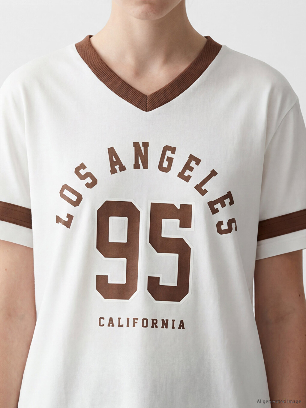 Bej V Yaka Los Angeles Baskılı Oversize Kadın Tişört-2