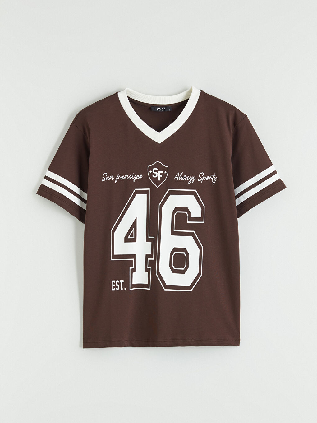 Kahverengi V Yaka San Francisco Baskılı Oversize Kadın Tişört	-4