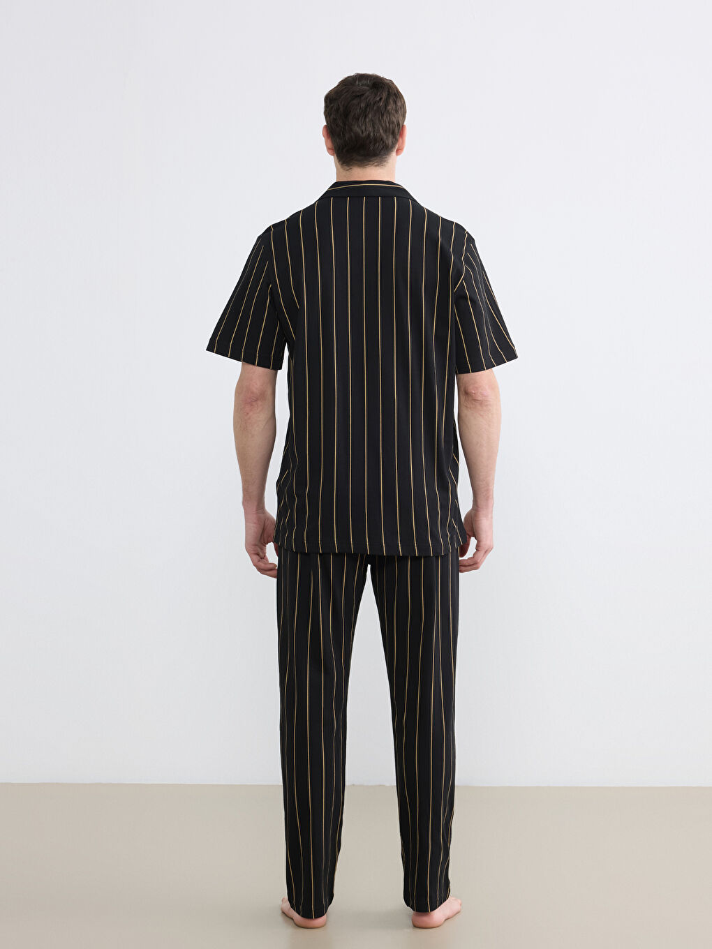 Siyah Standart Kalıp Çizgili Penye Erkek Pijama Takım-4
