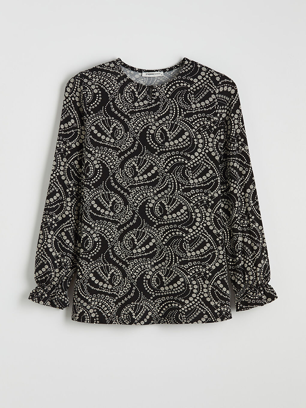 Siyah Bisiklet Yaka Desenli Bluz-4