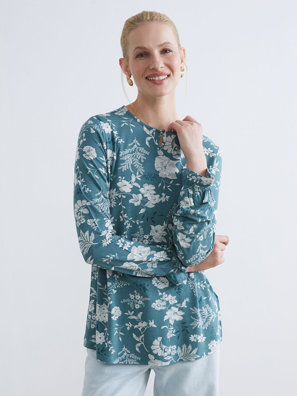 Mavi Bisiklet Yaka Desenli Bluz	