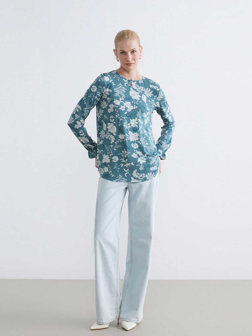 Mavi Bisiklet Yaka Desenli Bluz	-1