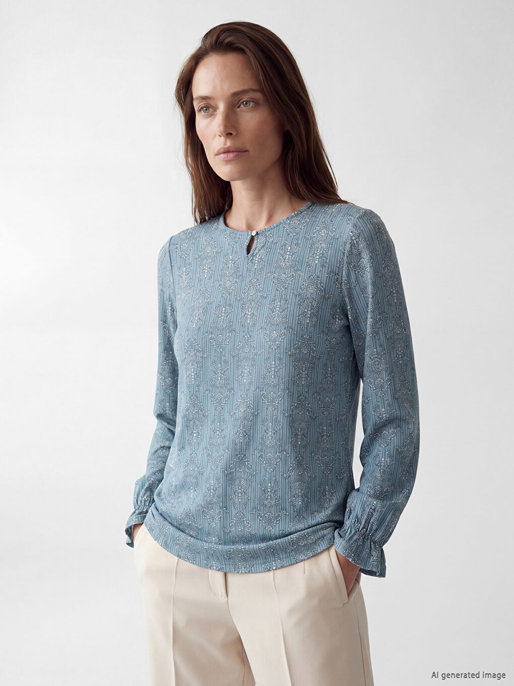 Mavi Bisiklet Yaka Desenli Bluz