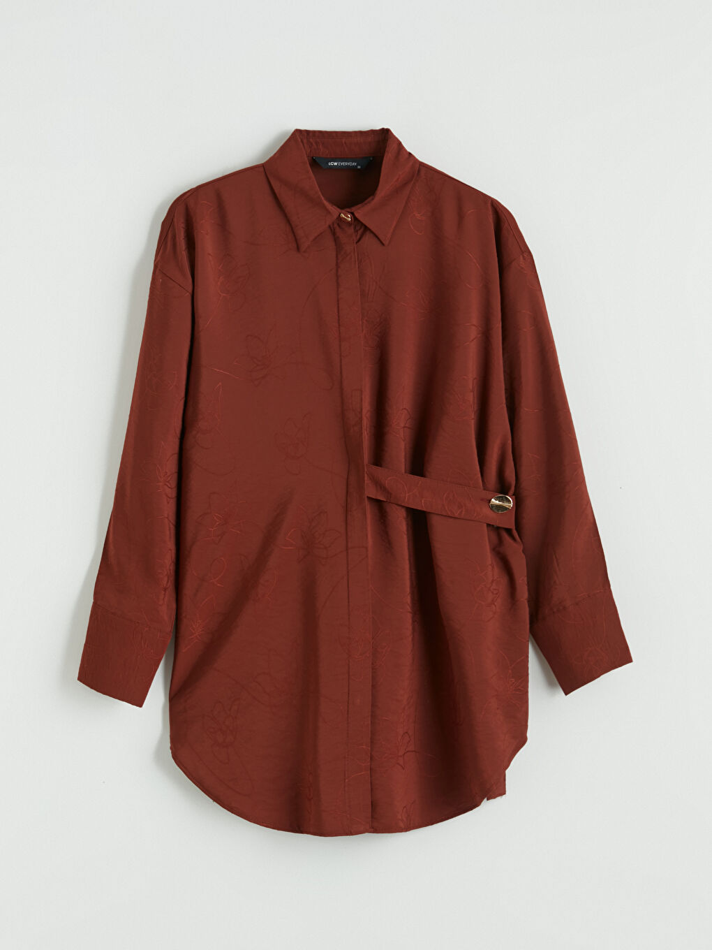 Kahverengi Çiçekli Kuşaklı Kadın Gömlek Tunik