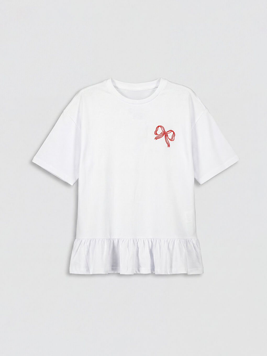 Beyaz Fiyonk Baskılı Fırfırlı Kız Çocuk Tişört