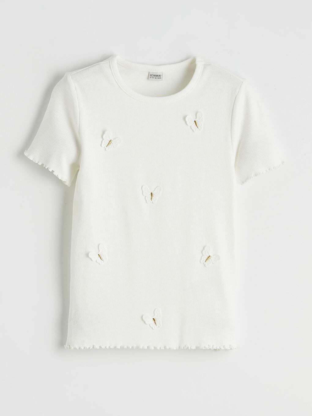 Ekru Nakışlı Kız Çocuk Fitilli Tişört