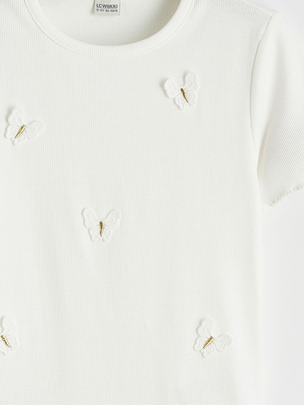 Ekru Nakışlı Kız Çocuk Fitilli Tişört-2