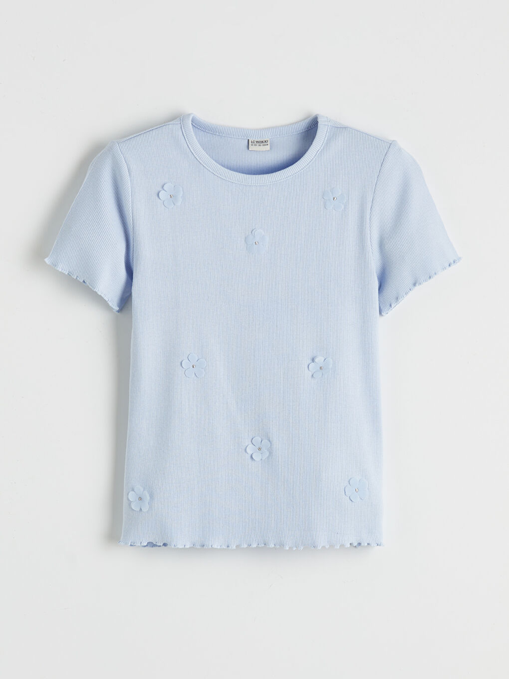 Mavi Çiçek Desenli Kız Çocuk Fitilli Tişört