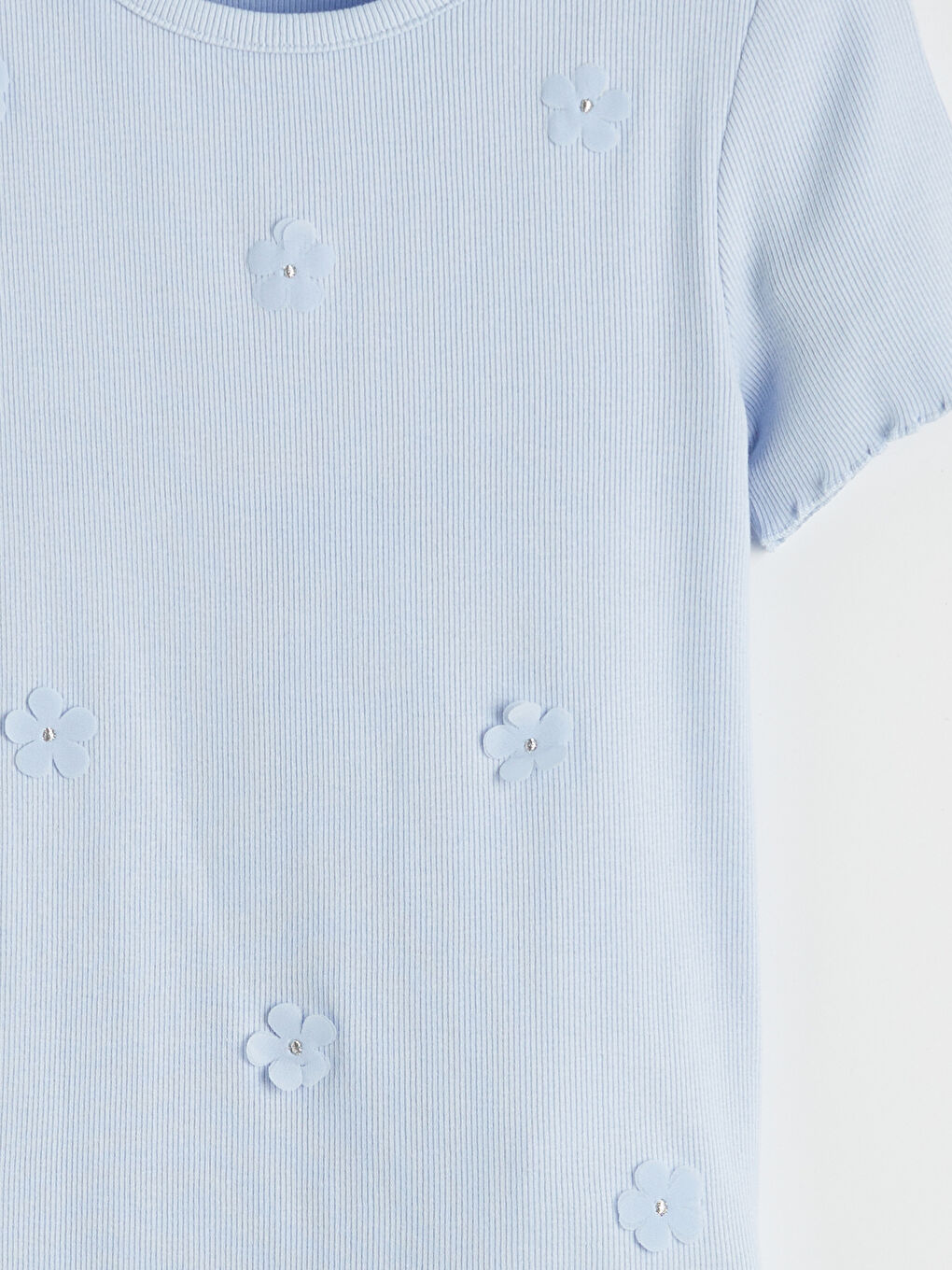 Mavi Çiçek Desenli Kız Çocuk Fitilli Tişört-2