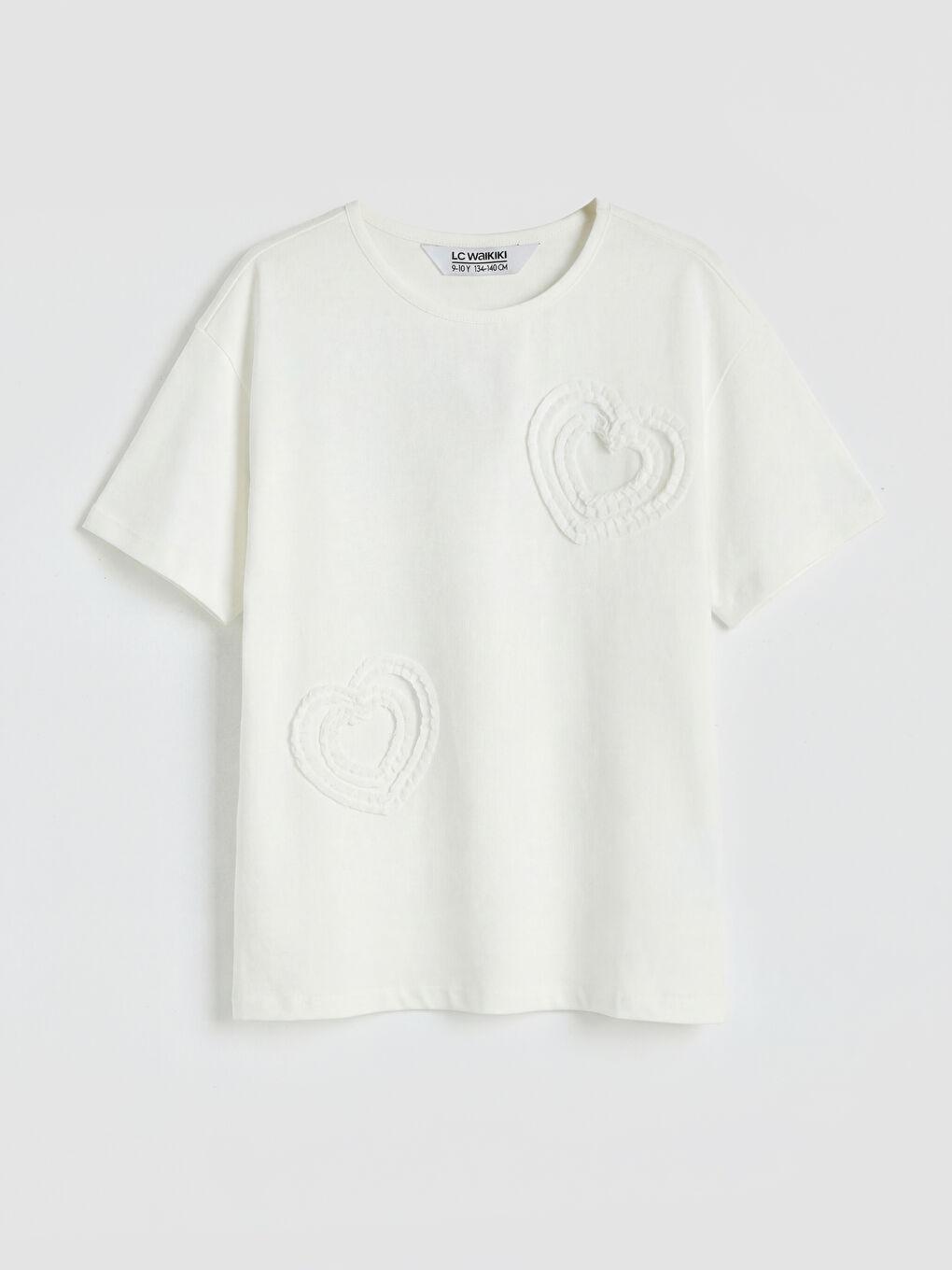 Beyaz Bisiklet Yaka Nakışlı Kız Çocuk Tişört