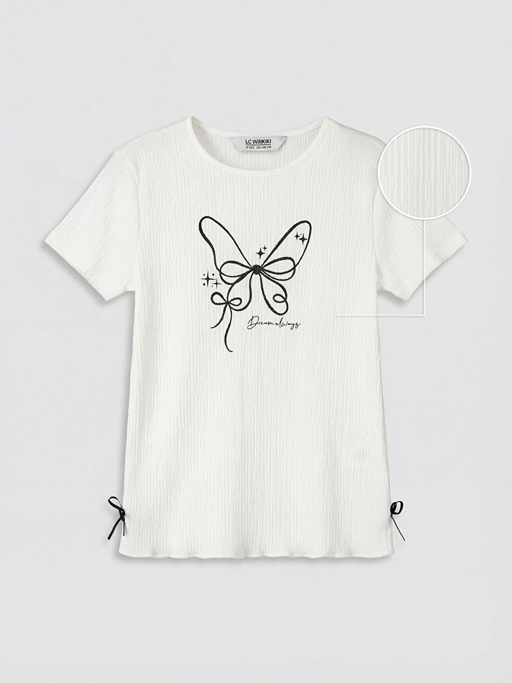 Ekru Bisiklet Yaka Fiyonk Detaylı Kız Çocuk Tişört