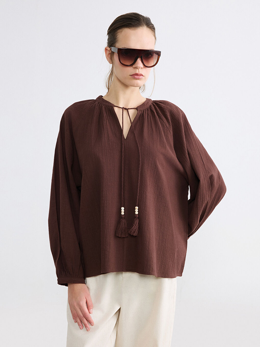 Balon Kollu Büzgülü Oversize Bluz