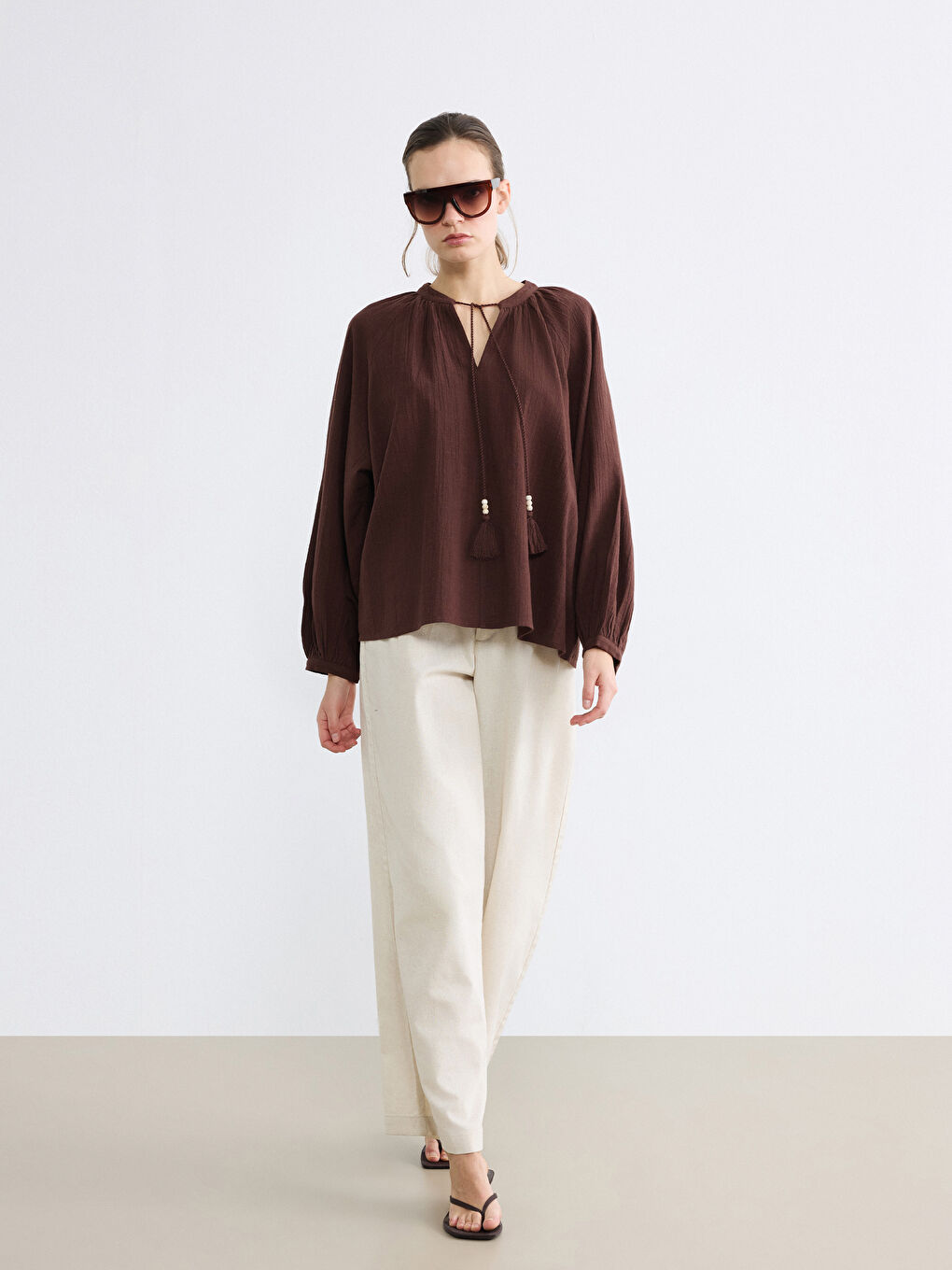 Balon Kollu Büzgülü Oversize Bluz-1