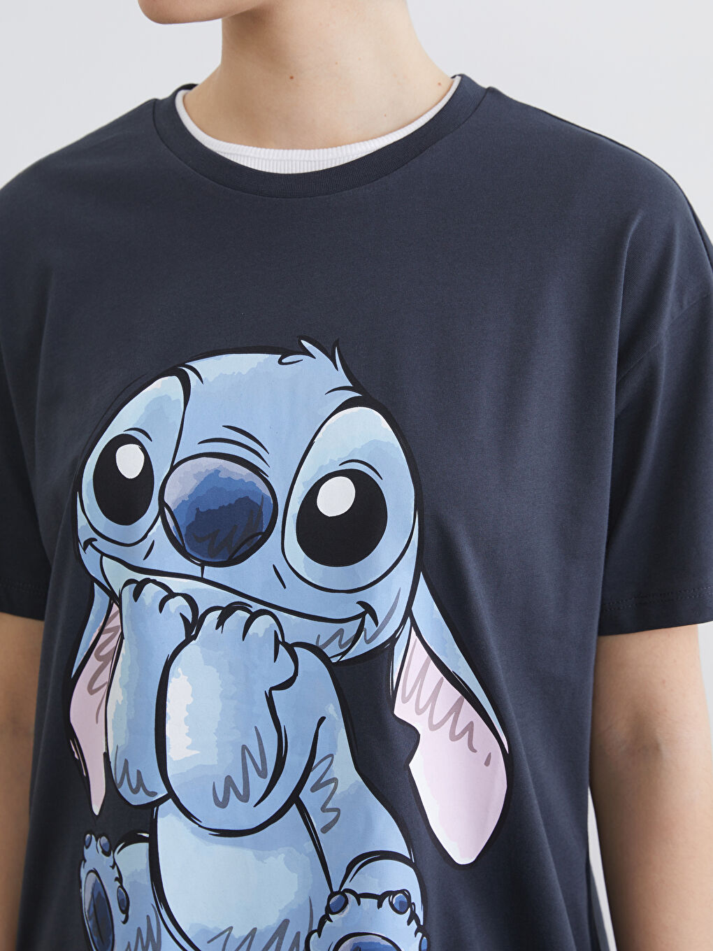 Antrasit Bisiklet Yaka Stitch Baskılı Kadın Tişört-2