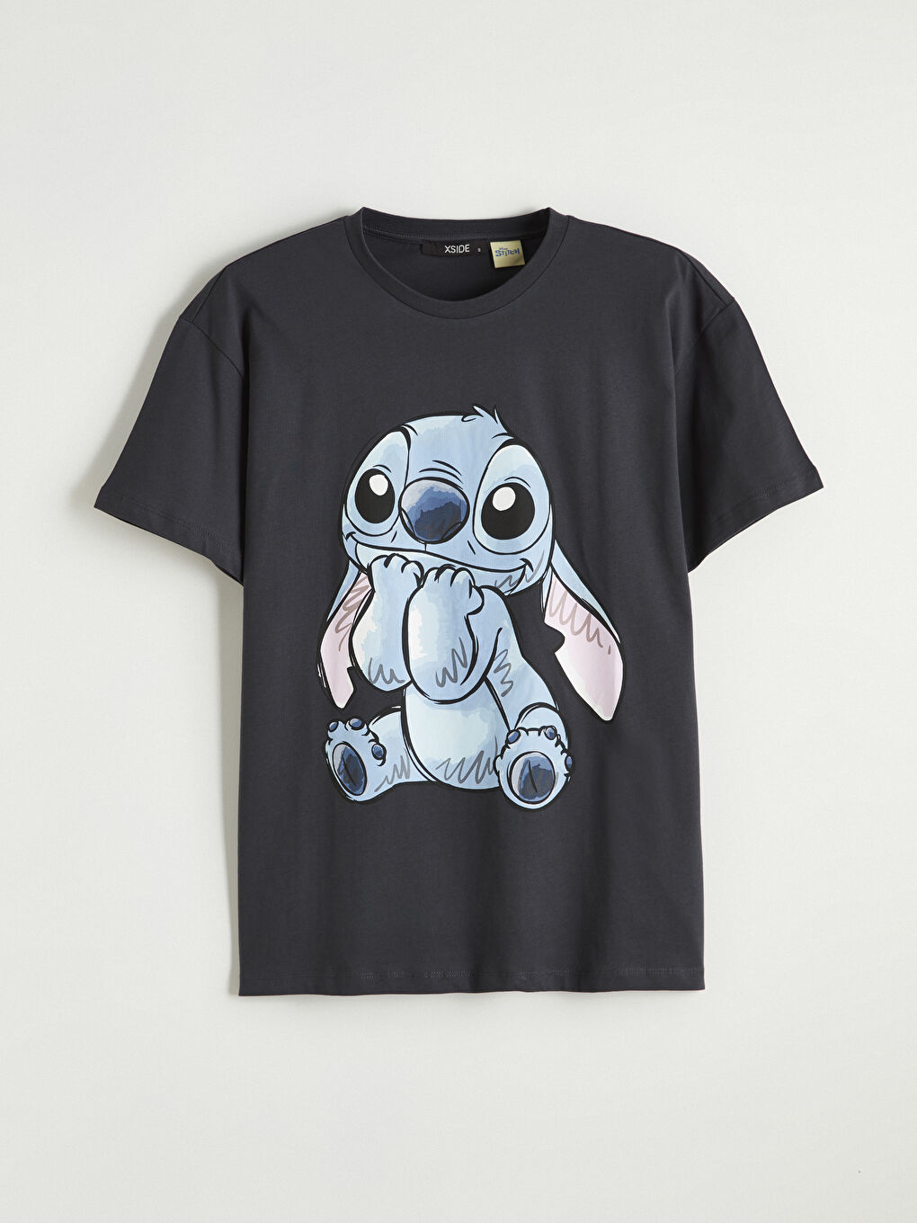 Antrasit Bisiklet Yaka Stitch Baskılı Kadın Tişört-4