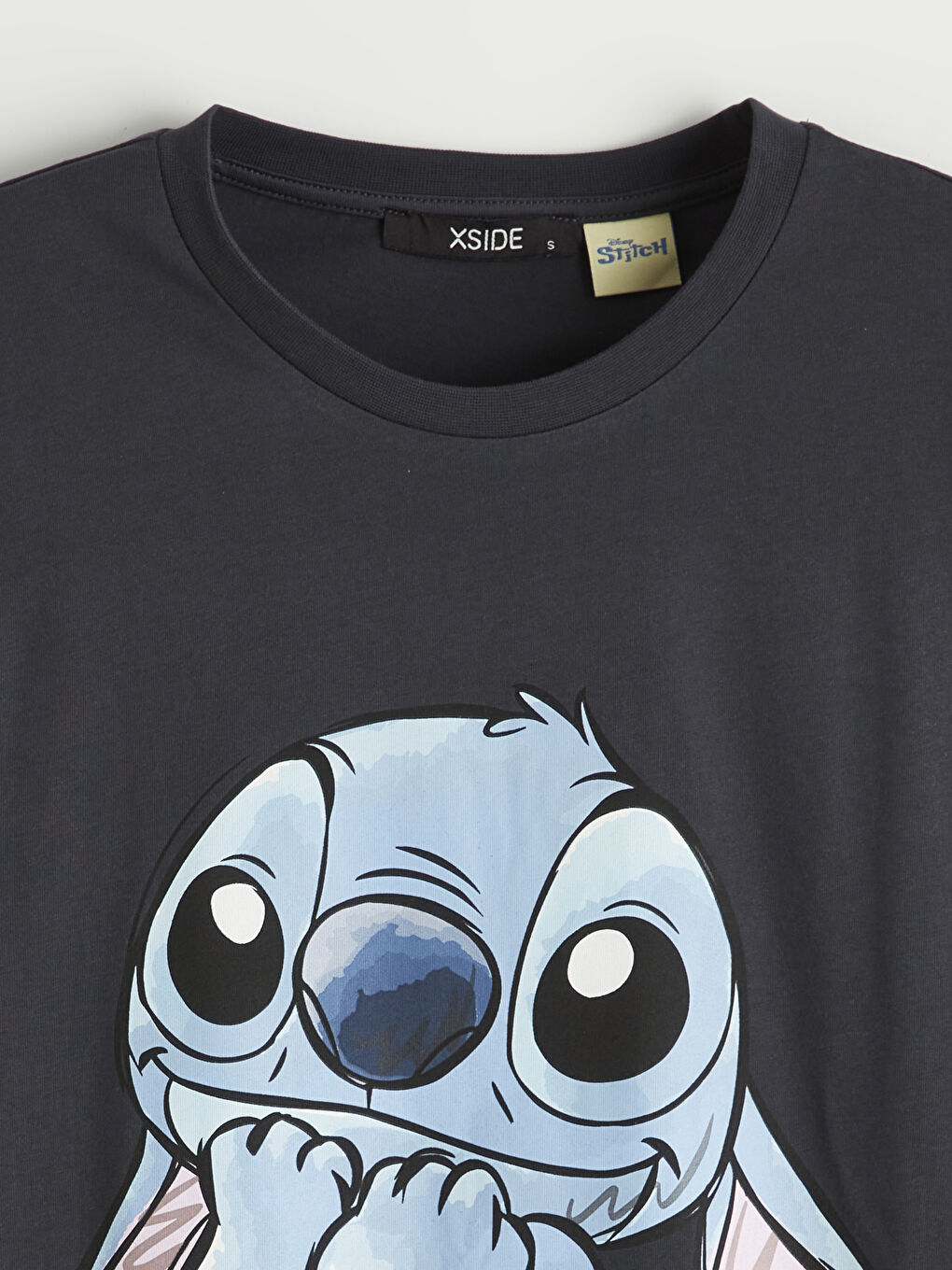 Antrasit Bisiklet Yaka Stitch Baskılı Kadın Tişört-5