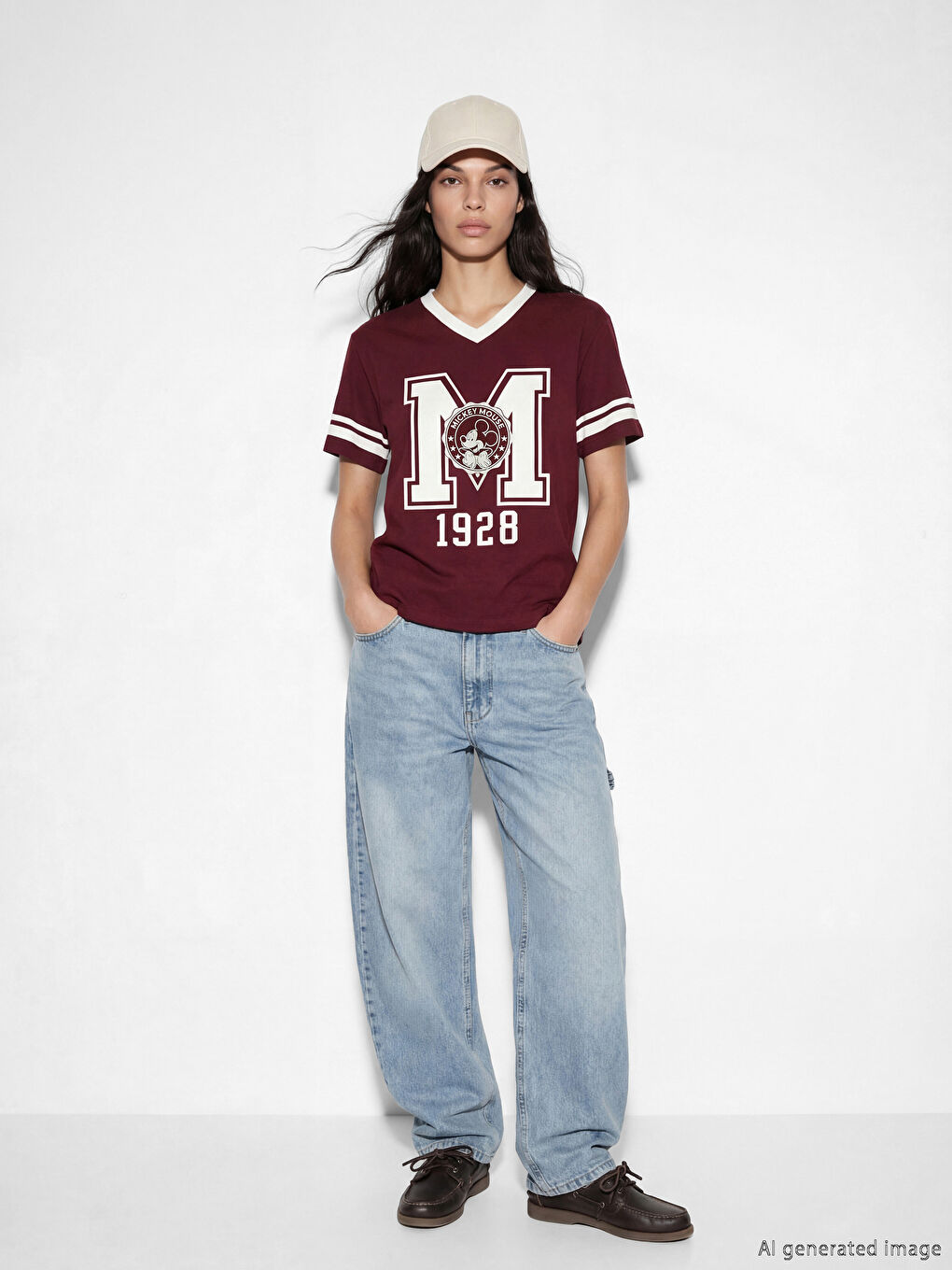 V-neck oversized women's t-shirt with Mickey Mouse print.-1