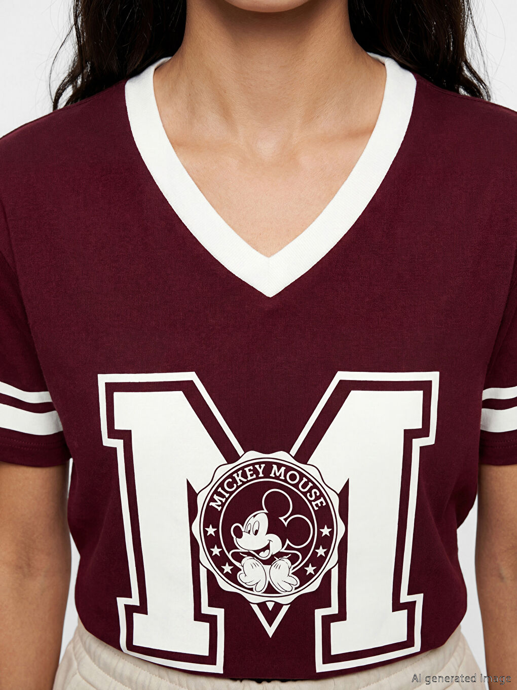 V-neck oversized women's t-shirt with Mickey Mouse print.-2