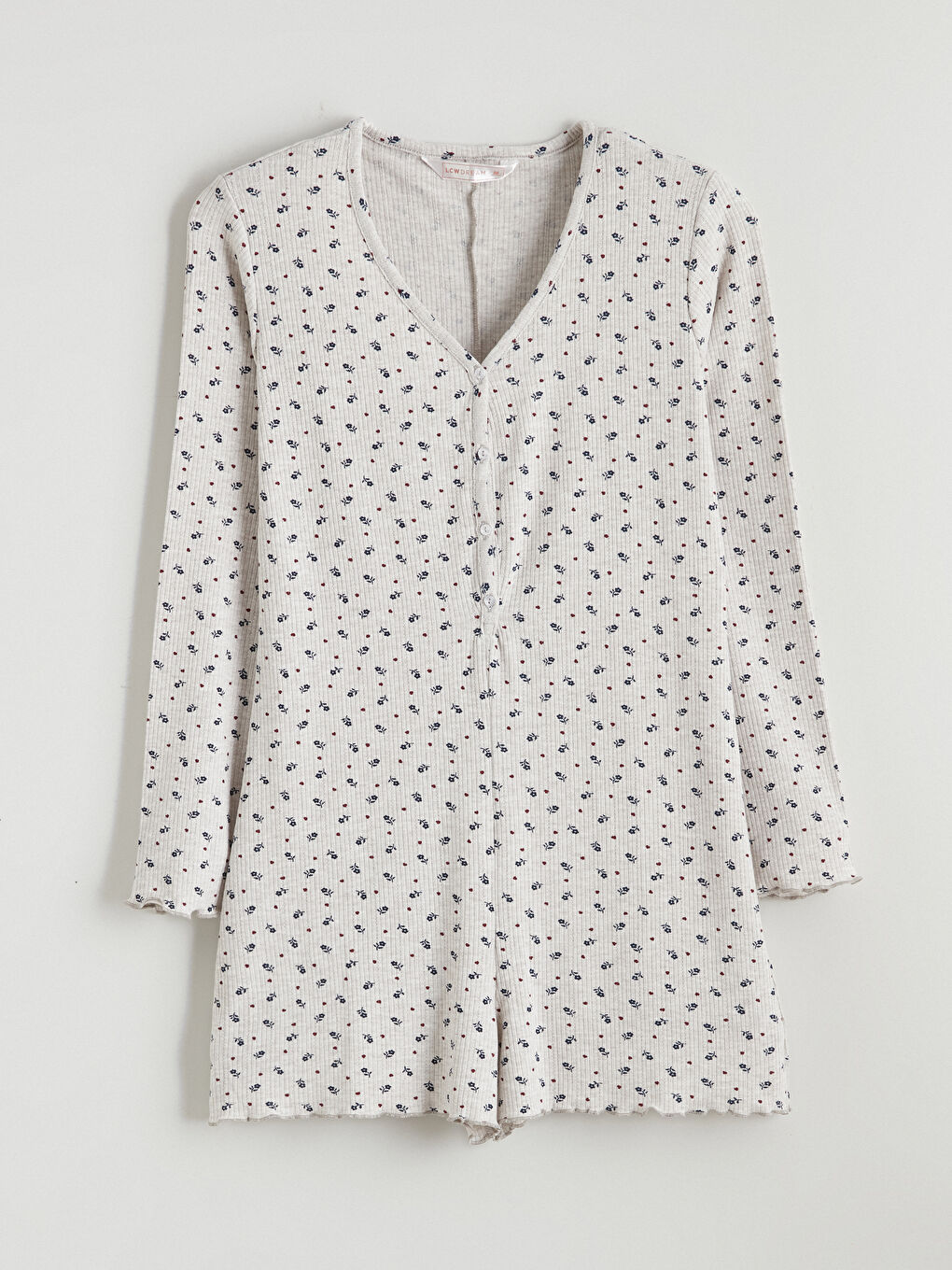 Bej V Yaka Çiçekli Kadın Şortlu Uyku Tulumu