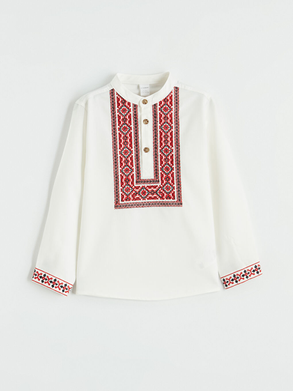 Ekru Hakim Yaka Erkek Bebek Nakışlı Poplin Gömlek