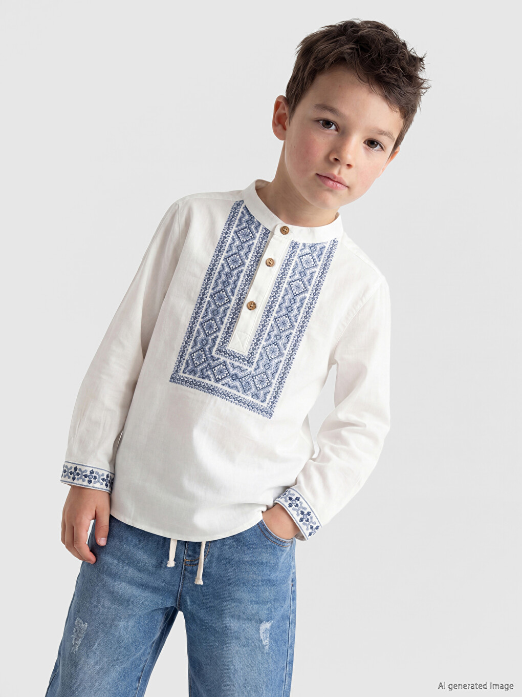 Grandad Collar Boys' Embroidered Poplin Shirt