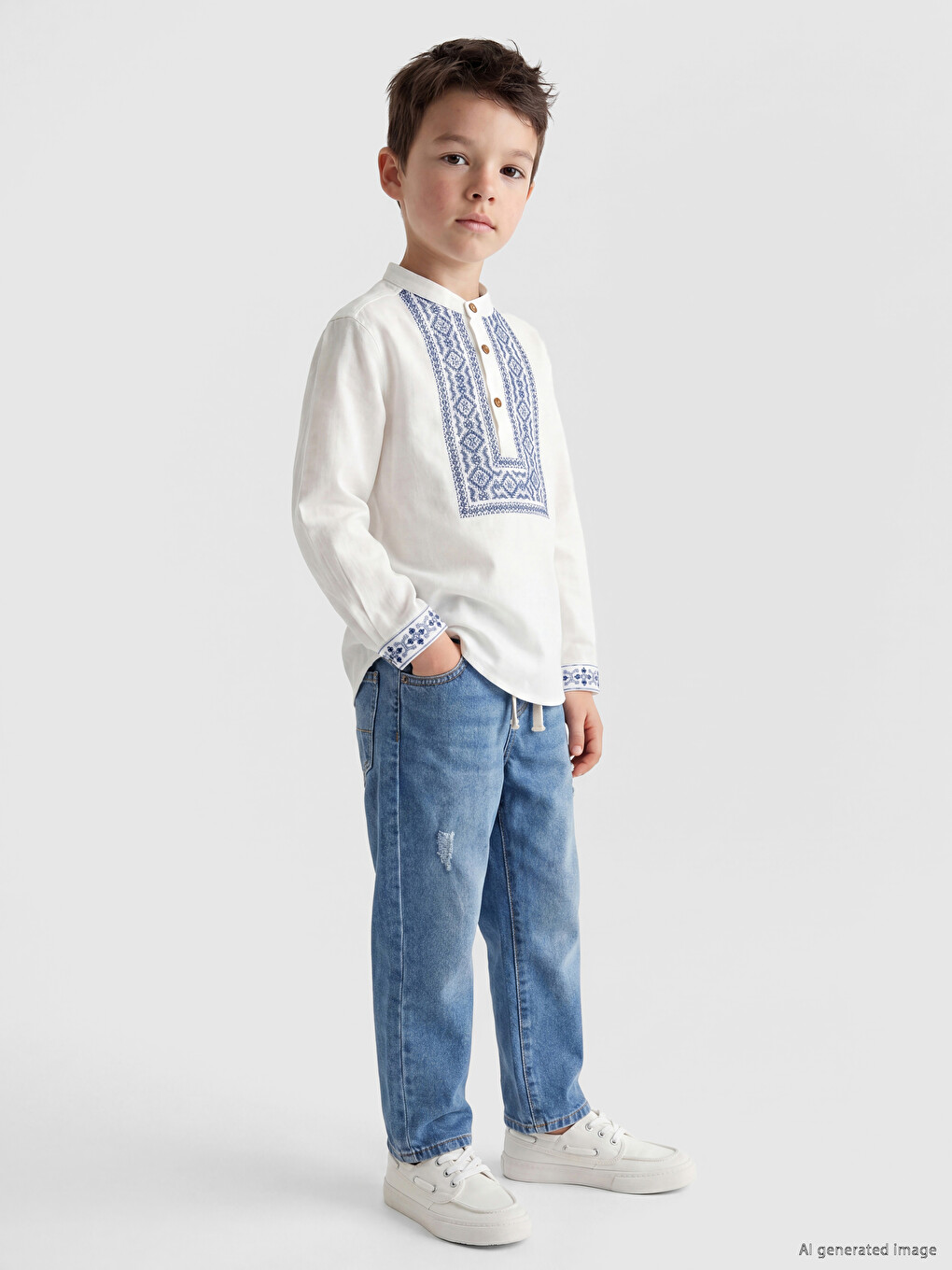Grandad Collar Boys' Embroidered Poplin Shirt-1