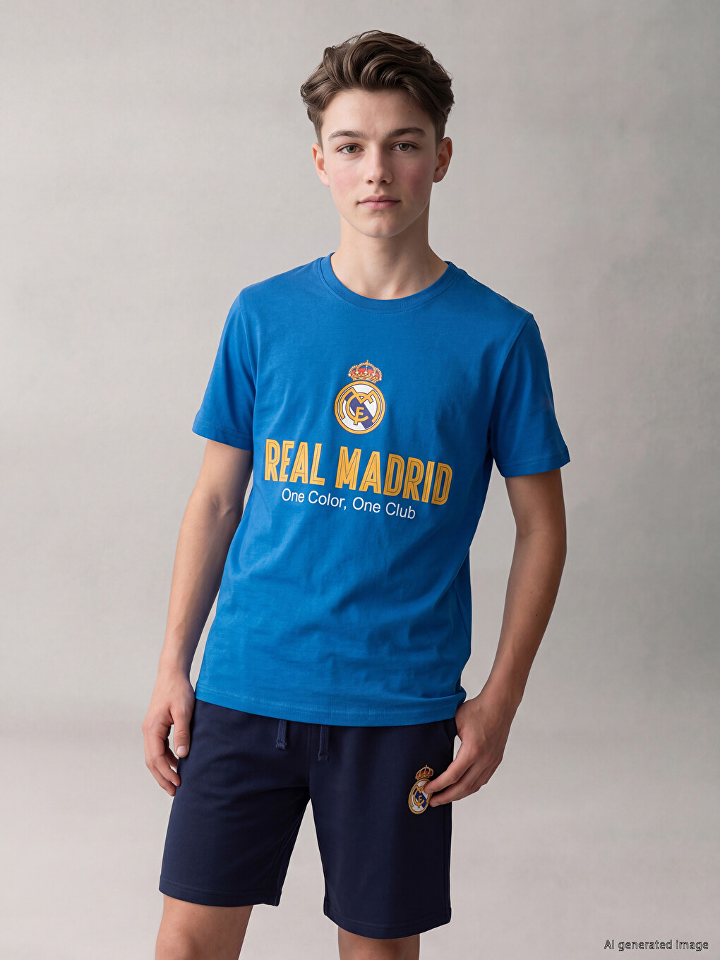 Mavi Bisiklet Yaka Real Madrid Baskılı Erkek Çocuk Tişört